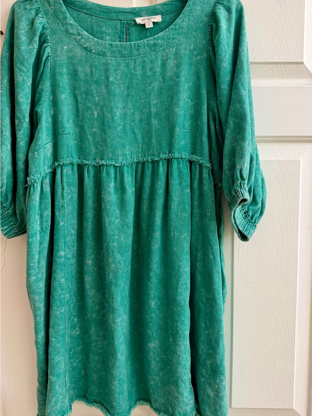 Umgee Teal Green Washed Puff-Sleeve Dress